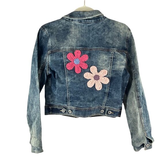Arizona Jeans Girls Denim Jacket Size L Floral Embroidery Crochet Patchwork - Picture 1 of 11